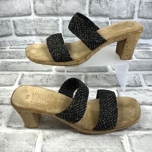 Mootsies Tootsies Women's Size 7 Black Stretch Fabric Cork Heel Sandals Vintage